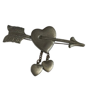 Vtg 1980s Pewter Arrow Pierced Heart Dangle Hearts Pin Brooch